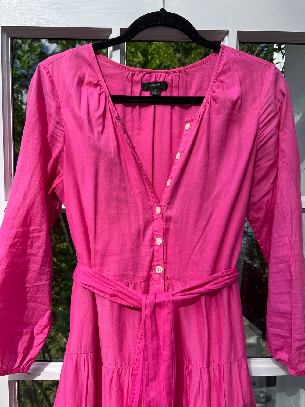 J. Crew Hot Pink Button-Front Tie-Waist Long Sleeve Dress
